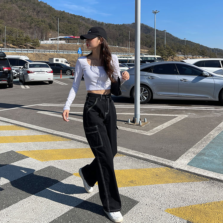 ステッチカーゴストレートワイドパンツ｜ロングパンツ｜韓国